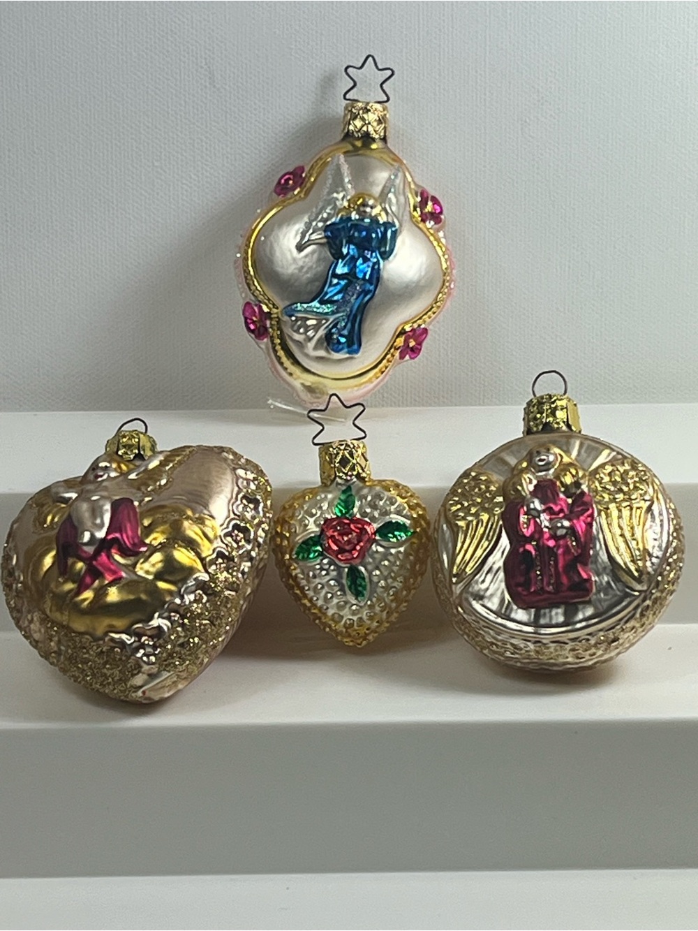 4 Vintage German Mercury Glass Ornaments Christborn Angel Cherub Heart Set